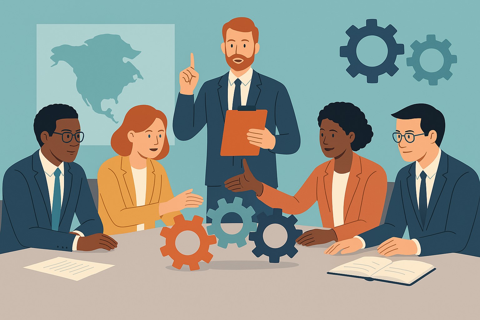 How CPIF Enhance EDO Roles Illustration of diverse professionals collaborating around a table with gears, led by a facilitator holding a clipboard.